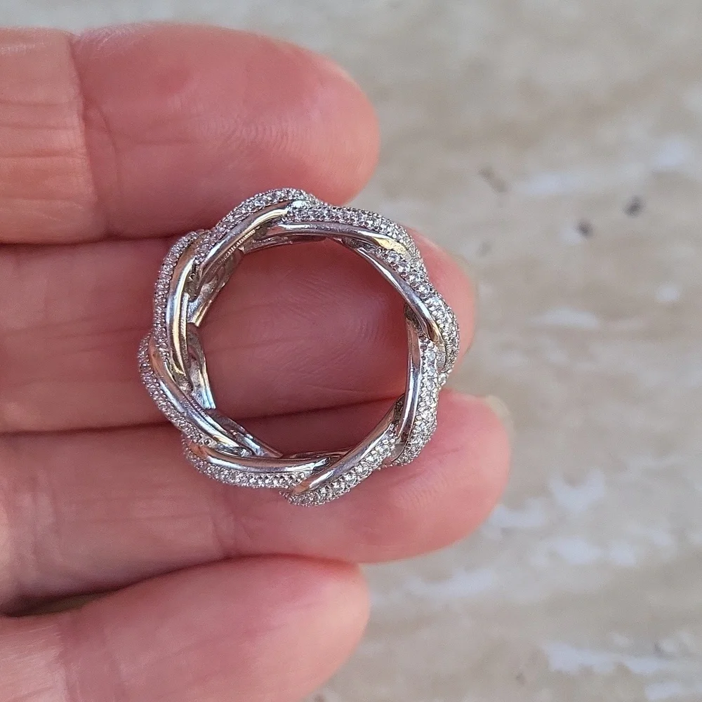 925 Sterling Cuban Chain Link Ring With Simulated Diamonds